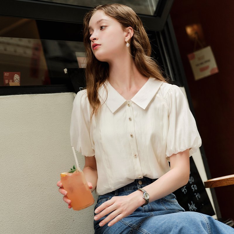 KBNE衬衫女短袖泡泡袖白色上衣