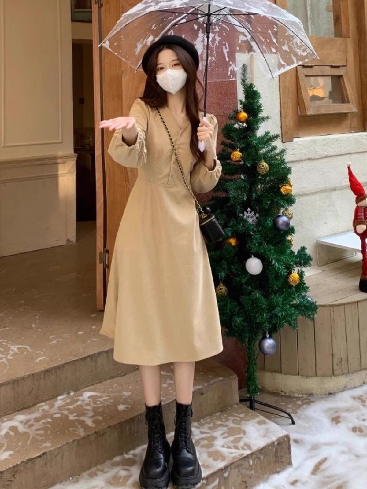 法式小香风V领连衣裙女秋冬miu里miu