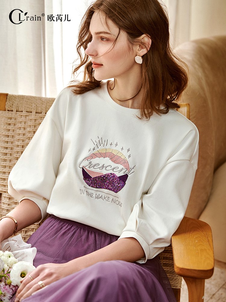 日常精至！珠片刺绣圆领宽松T恤