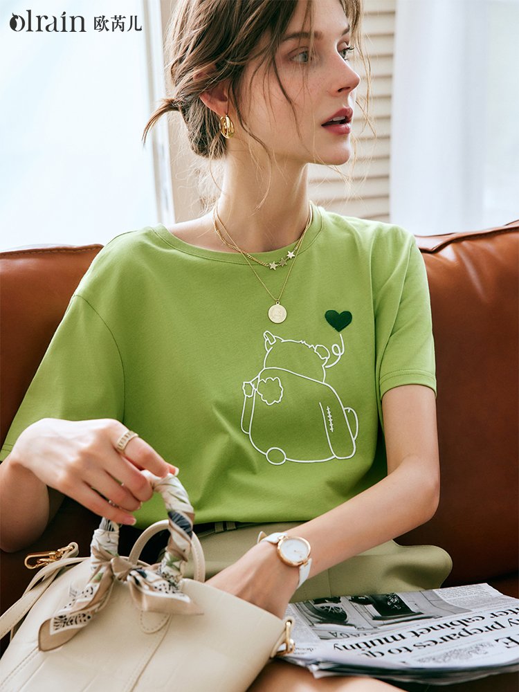 绿色纯棉宽松薄款高级感显瘦短袖t恤