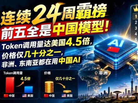 连续24周霸榜，前五全是中国模型！Token调用量达美国4.5倍，价格仅几十分之一，非洲
