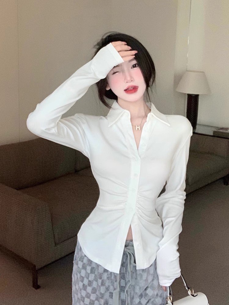 白色收腰衬衫女春季紧身设计感衬衣打底内搭