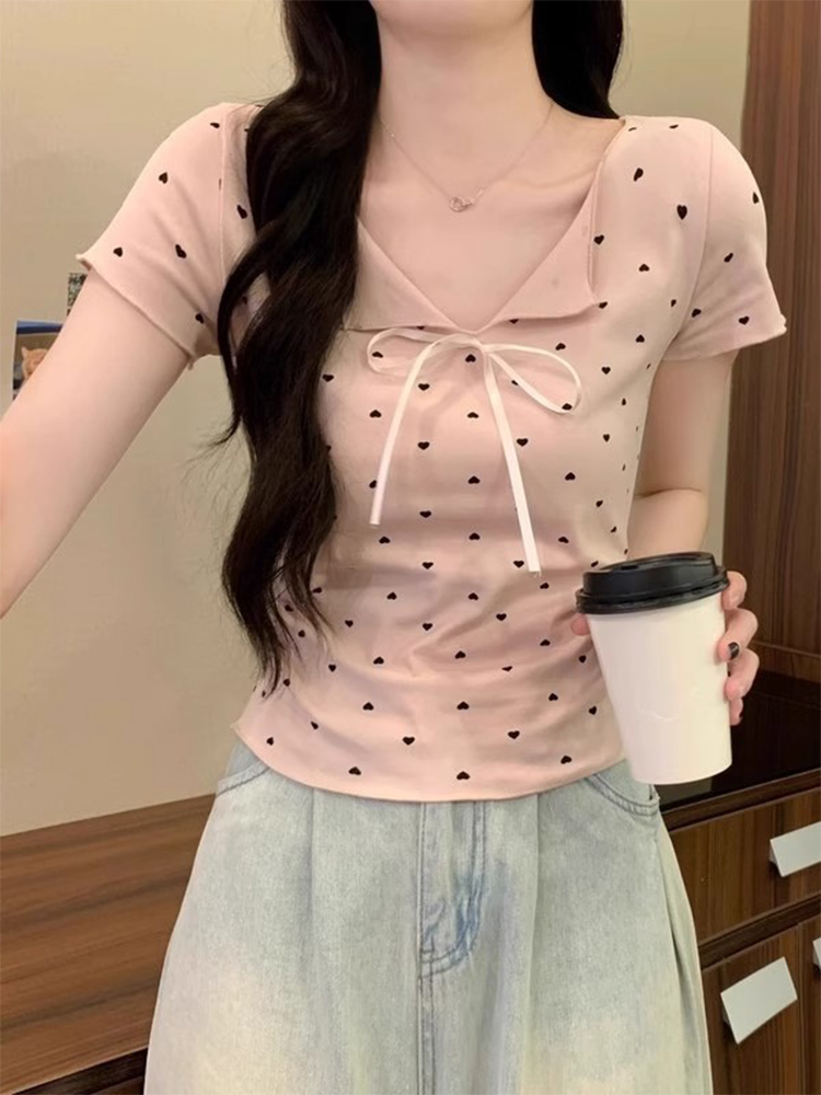 粉色波点短款短袖T恤女夏季多巴胺独特漂亮