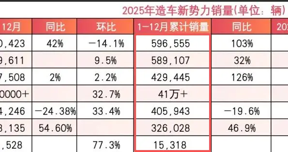 2025年造车新势力品牌全年销量榜业绩出炉：零跑夺冠！
