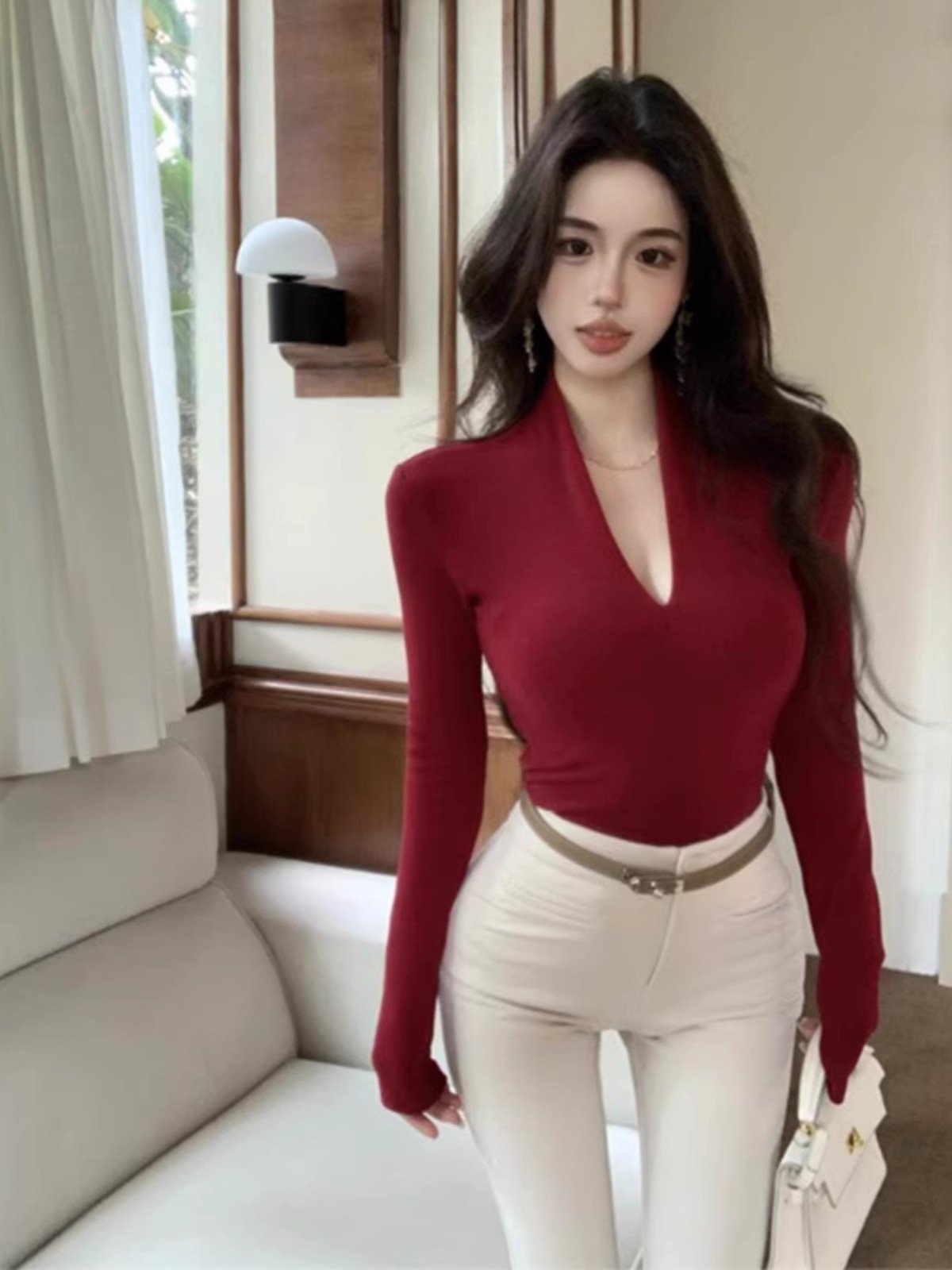 深v领长袖t恤女冬季红色本命年修身显瘦