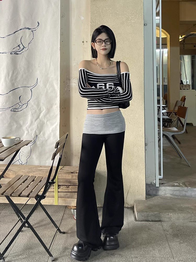 美式辣妹内搭一字领露肩长袖t恤女早春高腰