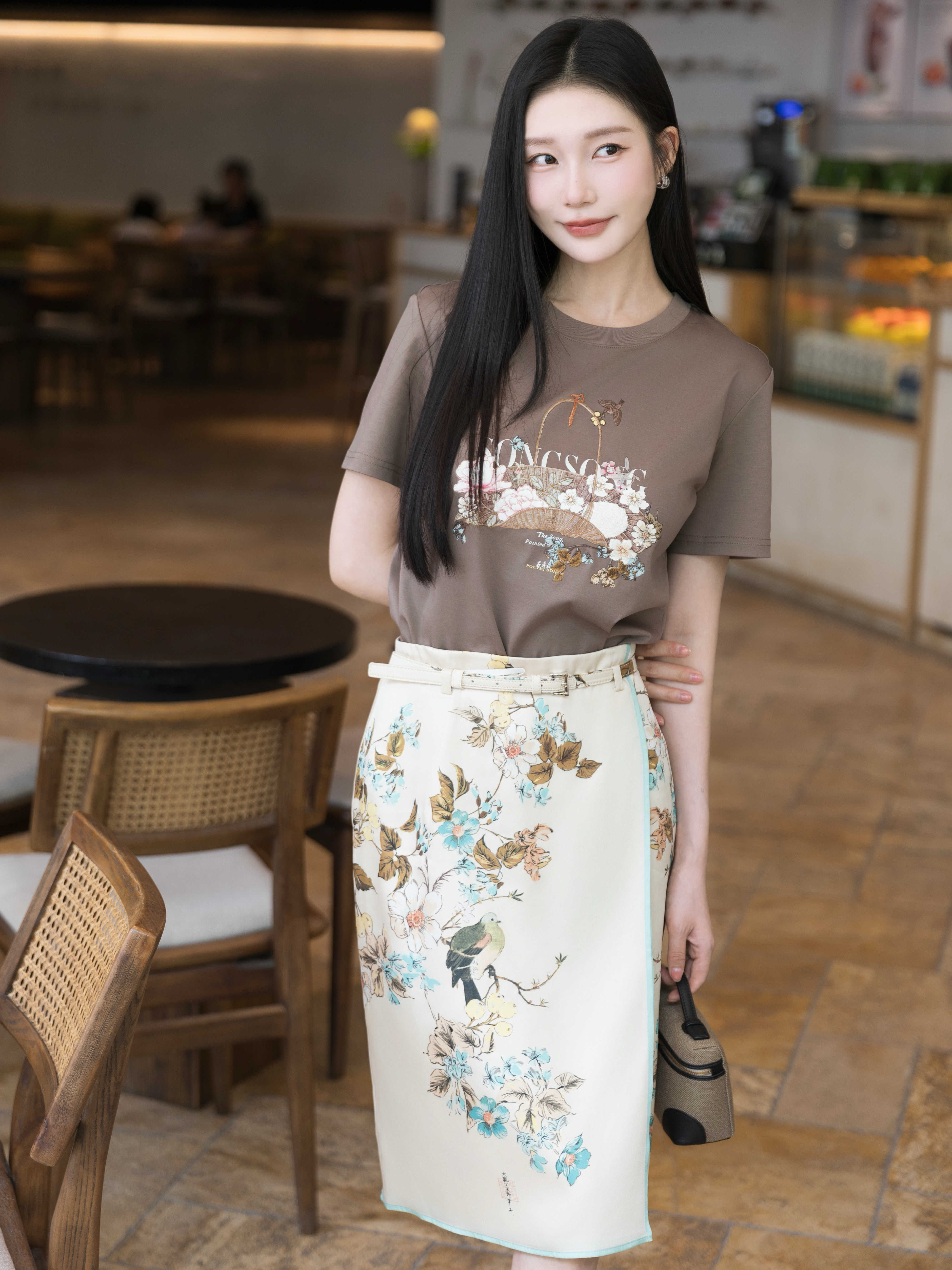 OBEG欧碧倩丝光棉刺绣短袖t恤