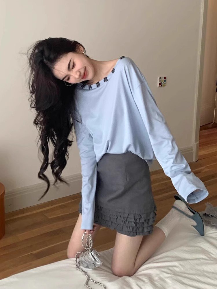 小个子蓝色花朵圆领防晒外搭罩衫上衣女夏季