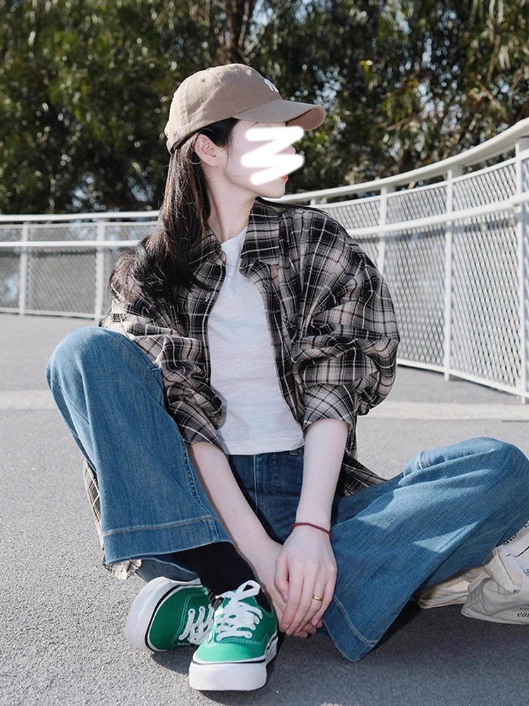 美式复古撞色格子polo领衬衫外套女春秋