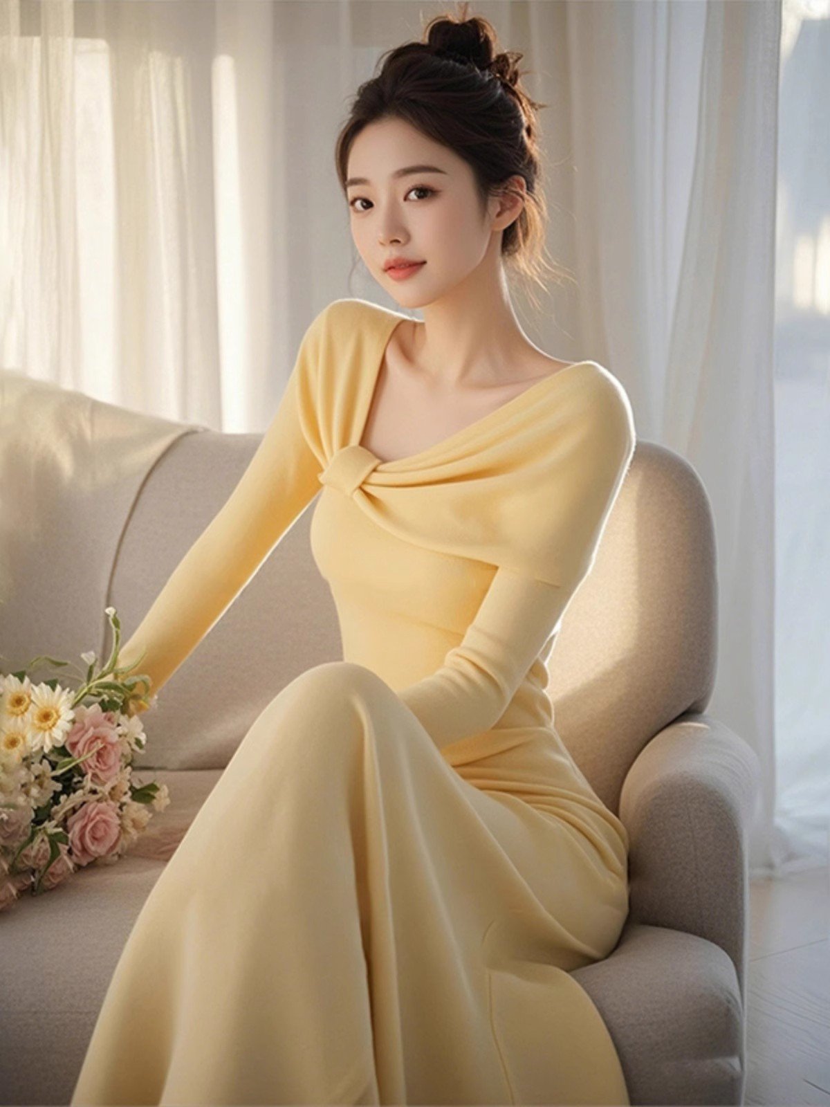 小香风亮黄色针织连衣裙女秋冬miu系大衣