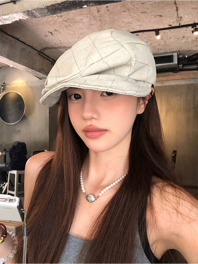 春夏时尚褶皱小众棉麻格子贝雷帽！