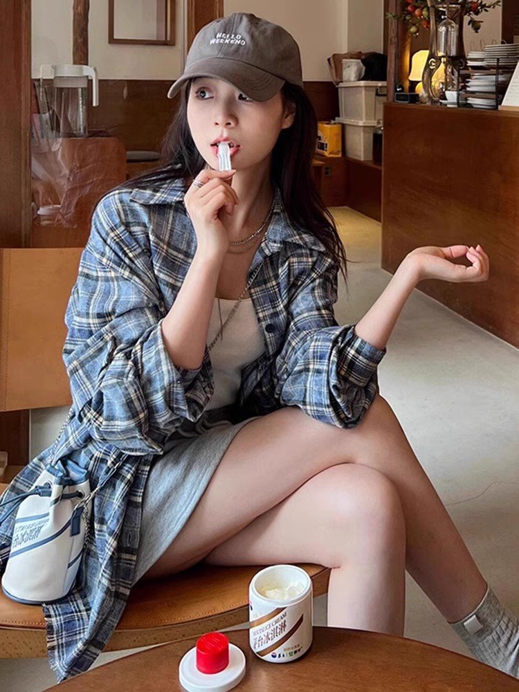 蓝色格子衬衫外套女装2025春季新款衬衣