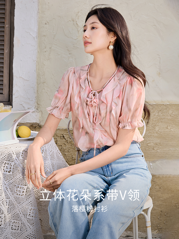 香影v领雪纺上衣女短袖温柔风印花上衣