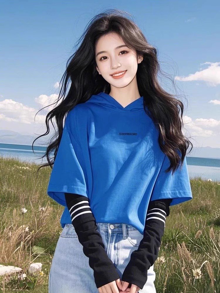美式复古蓝色连帽v领长袖t恤女春秋假两件