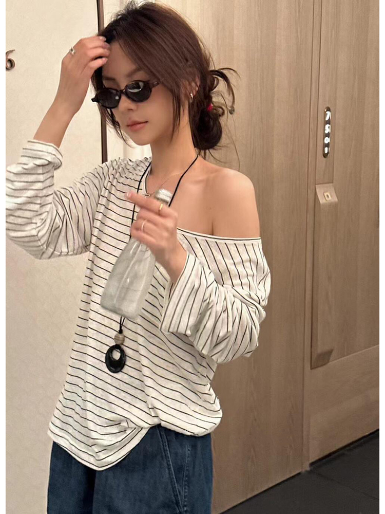 原版正品时尚休闲条纹露肩T恤女