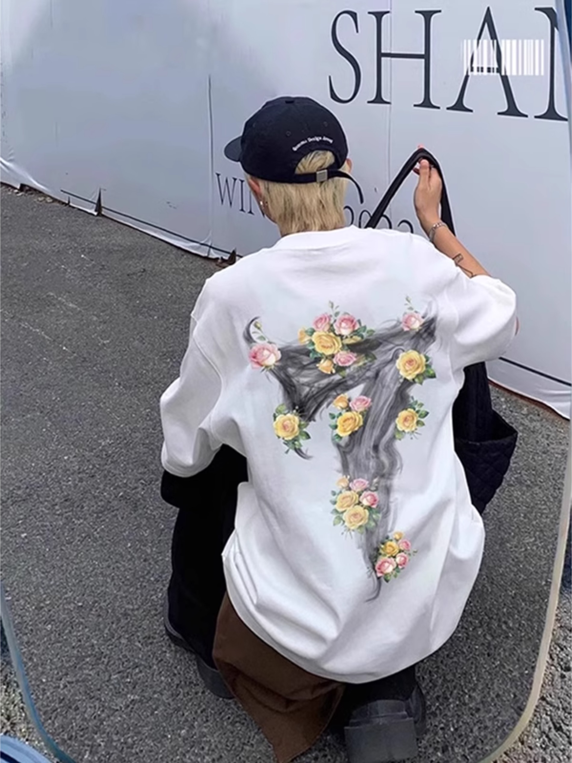 花卉字母7印花短袖男2025新款夏季纯棉