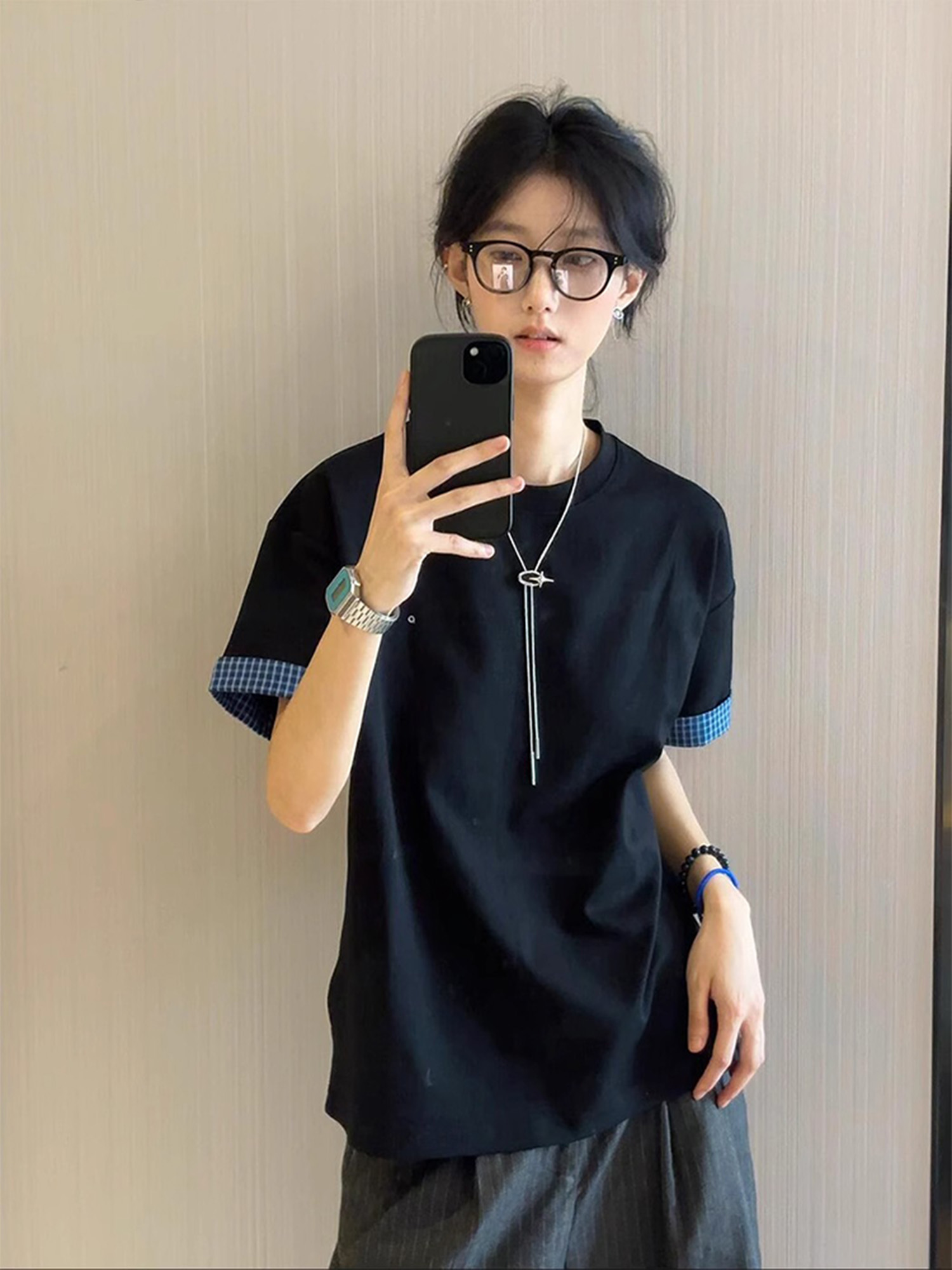 学院风黑色短袖男款夏季美式复古撞色半截袖