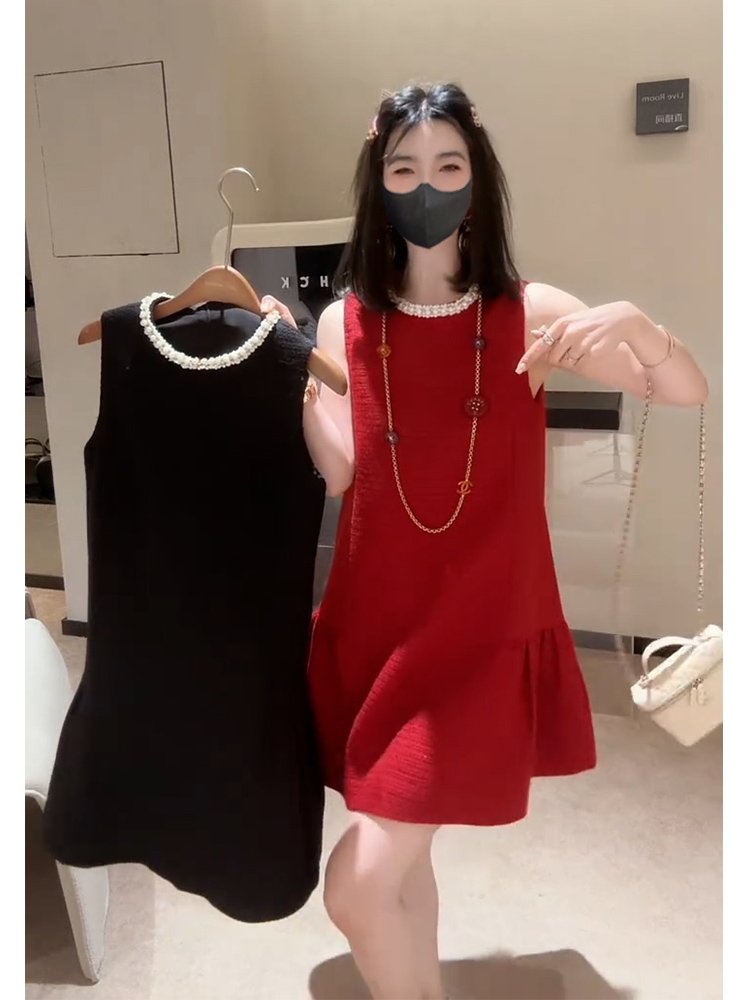 小香风红色无袖背心连衣裙子