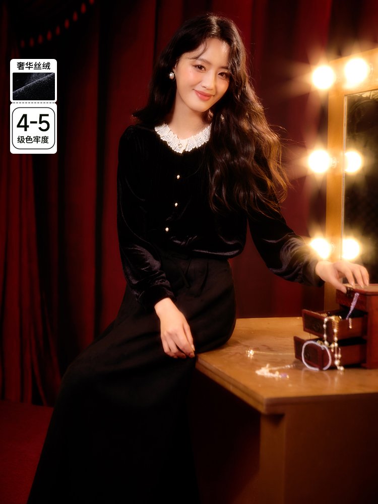香影黑色丝绒衬衫女长袖