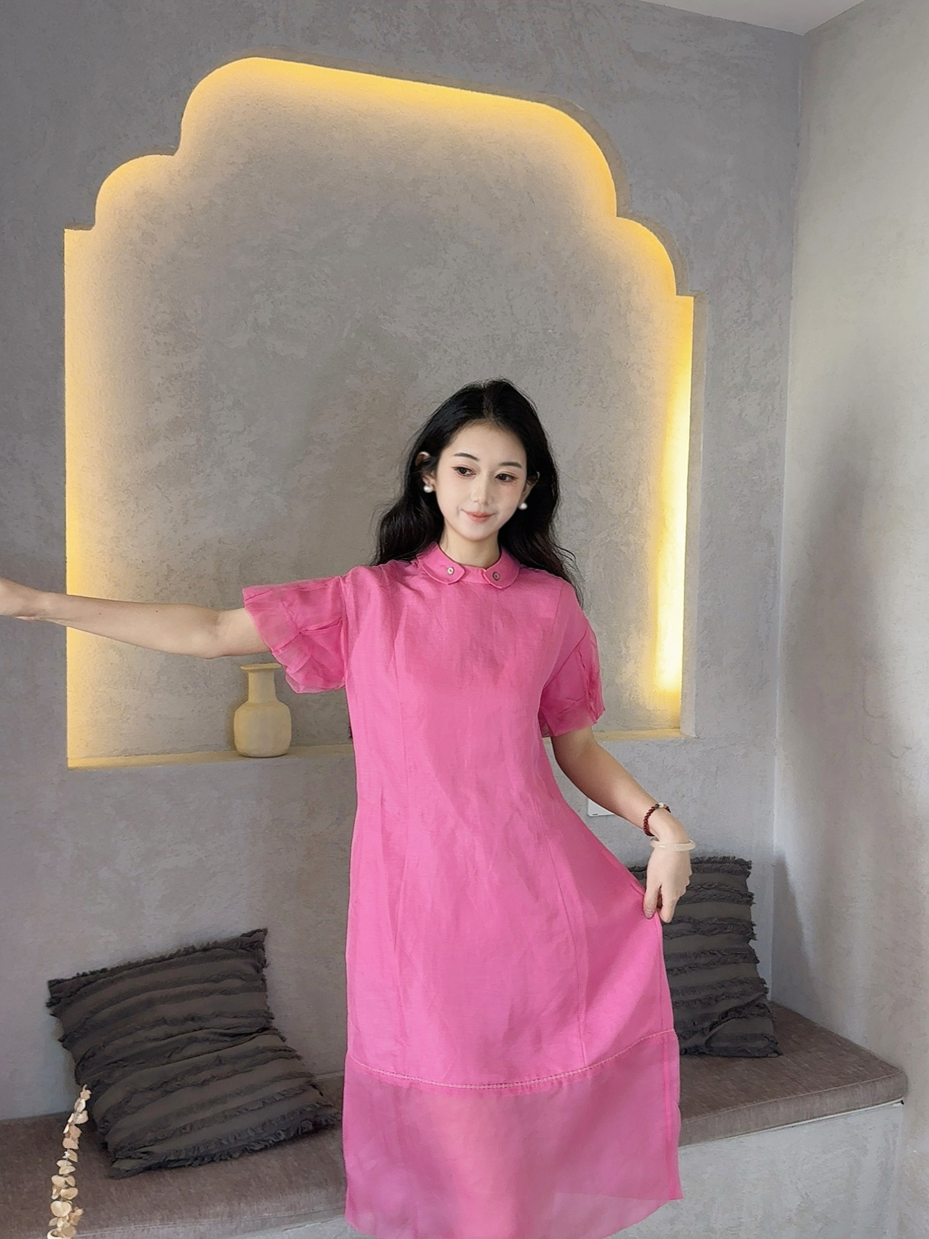 彼得潘领连衣裙女撞料纱裙