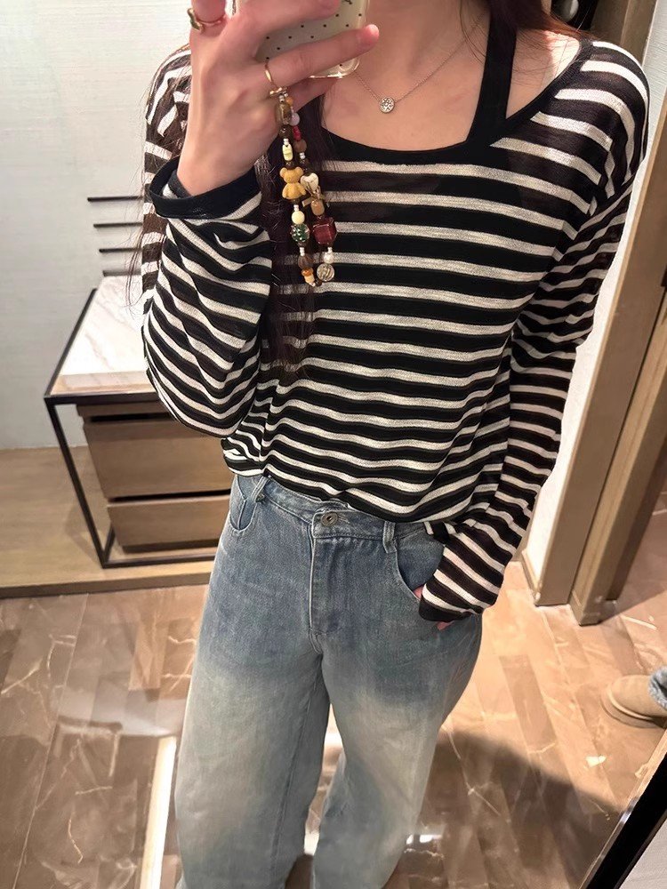 黑白条纹冰丝吊带背心上衣两件套女夏季外搭
