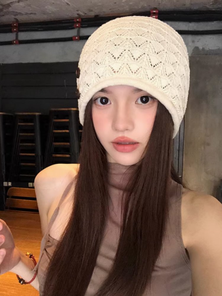 薄款百搭透气韩系复古纽扣针织堆堆帽!