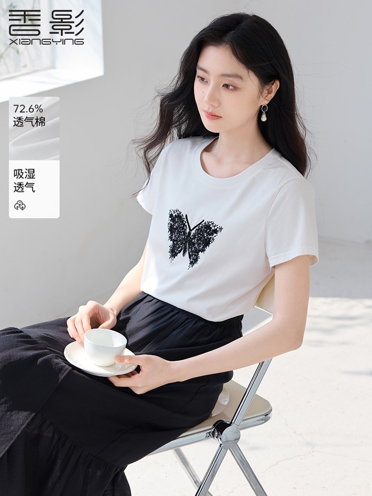 香影白色正肩t恤女短袖