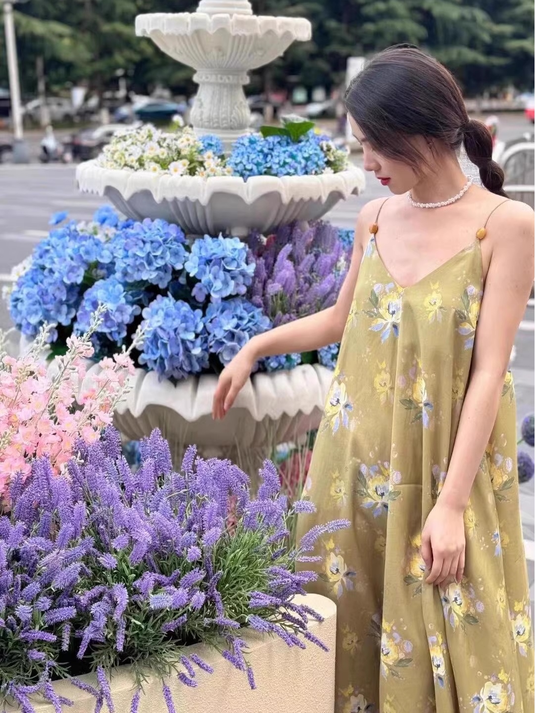提花印花V领连衣裙a字吊带裙
