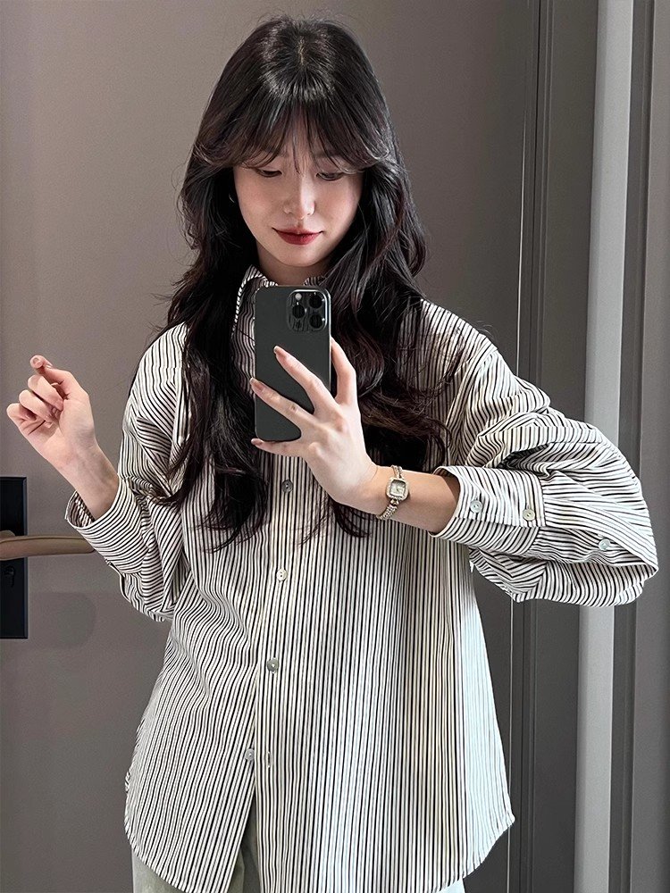 韩系撞色条纹polo领防晒衬衫上衣女春夏