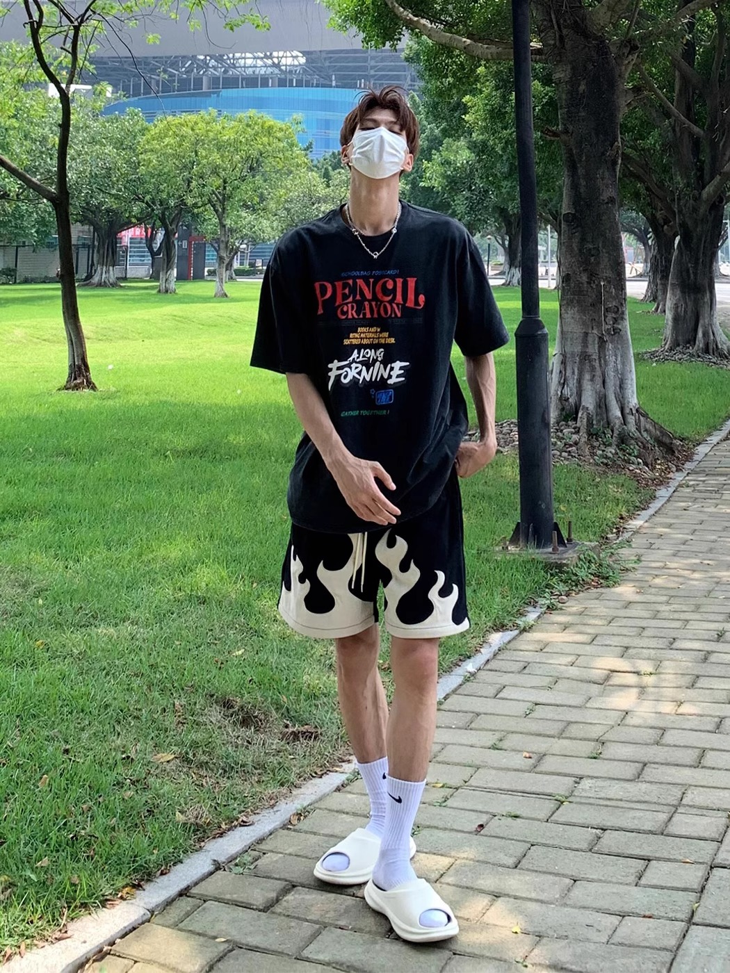 火焰贴布黑色短裤男款夏季美式hiphop