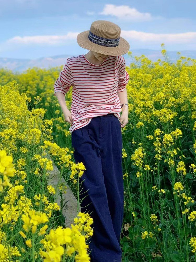 宽松红色条纹长袖罩衫t恤女2025独特
