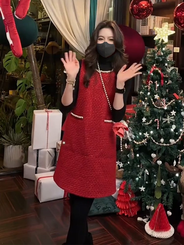 小香风红色背心连衣裙子女秋冬款