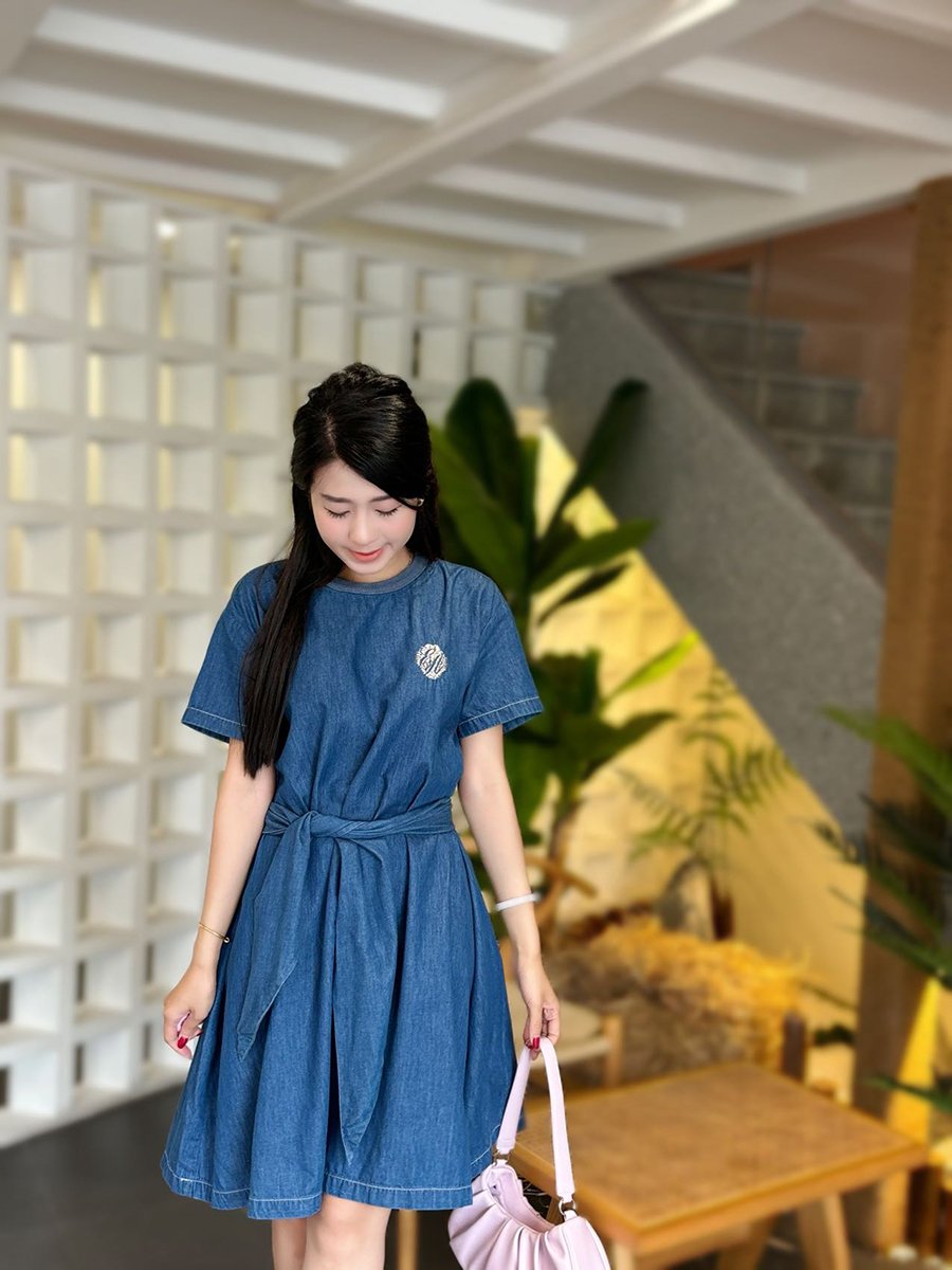 阿玛尼女全棉短袖系带牛仔连衣裙