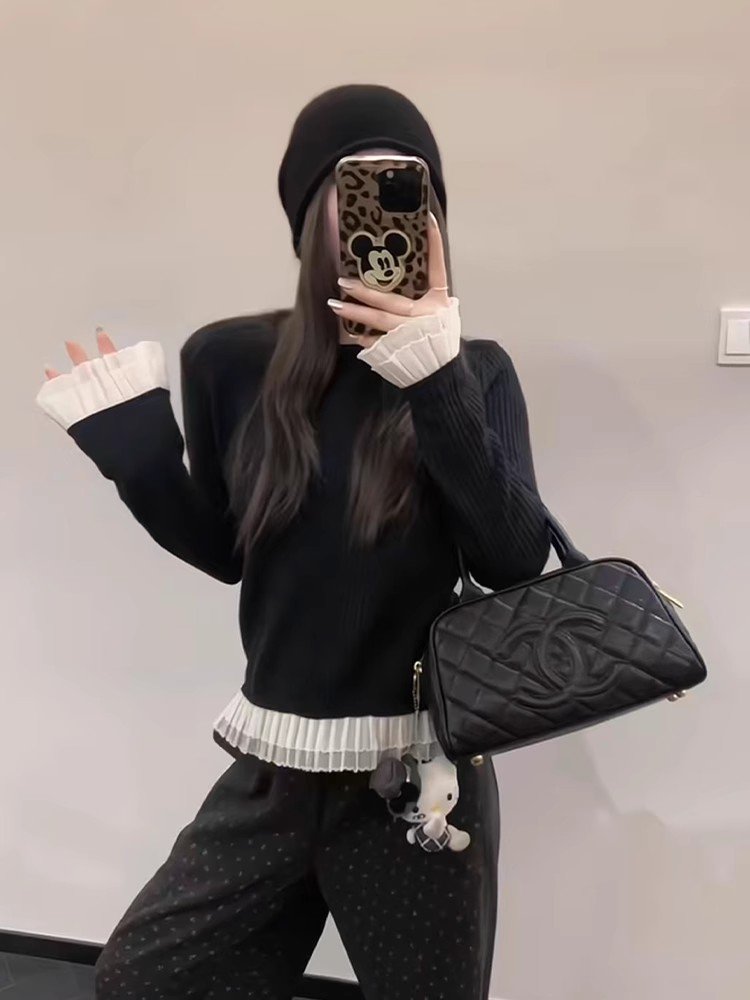 韩系内搭黑色长袖t恤女春秋蕾丝拼接下摆打