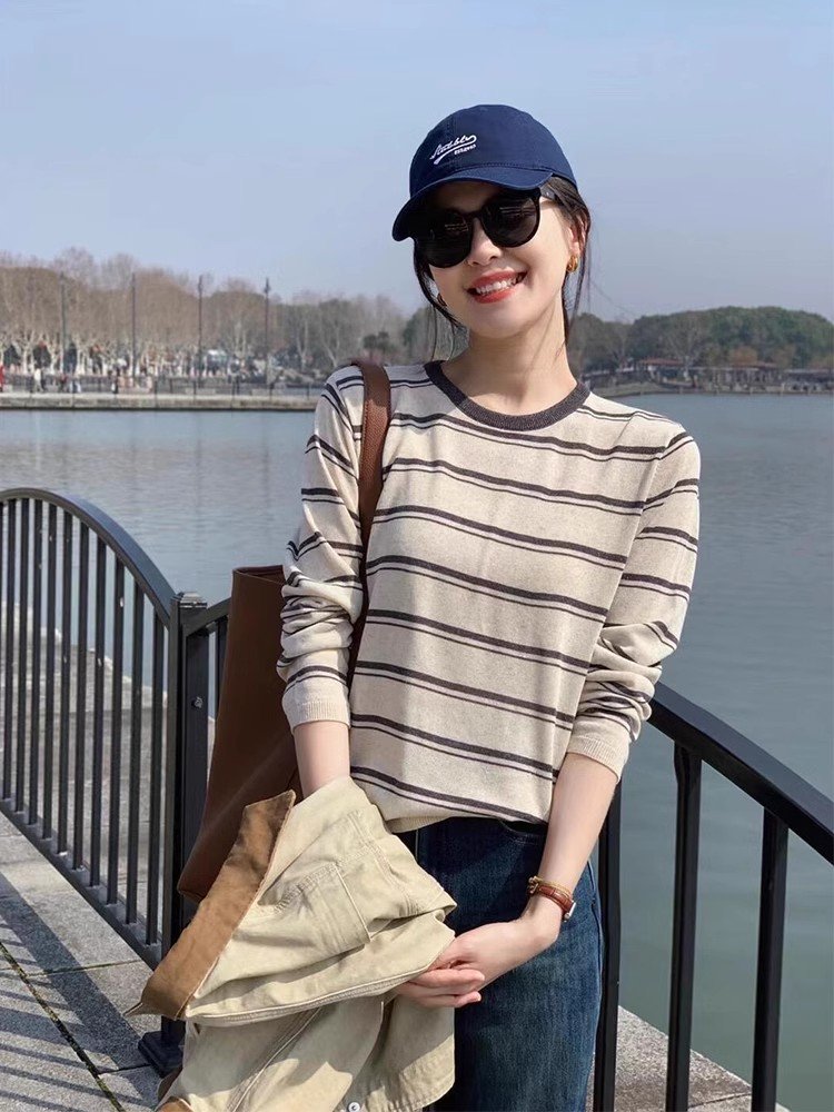 美式复古撞色条纹长袖t恤内搭女春秋季独特