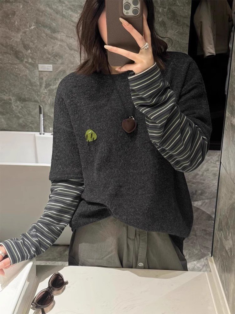 韩系穿搭半袖假两件上衣女春秋季宽松单穿设