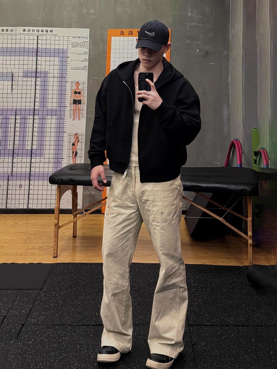 米白色大理石纹工装裤男春秋多口袋直筒伐木