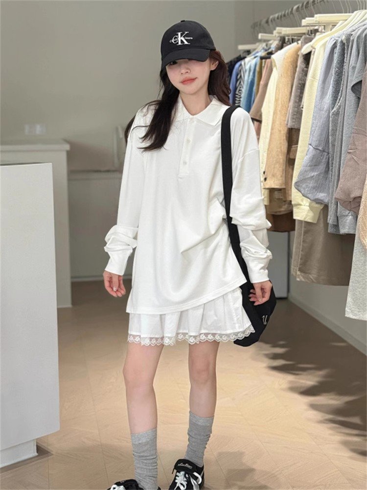 美式复古内搭白色polo领翻领长袖t恤女
