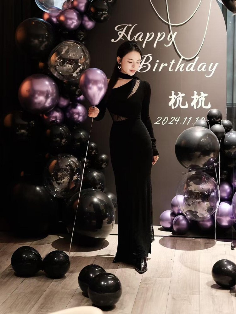 成人礼生日裙子性感纯欲黑色镂空长袖连衣裙