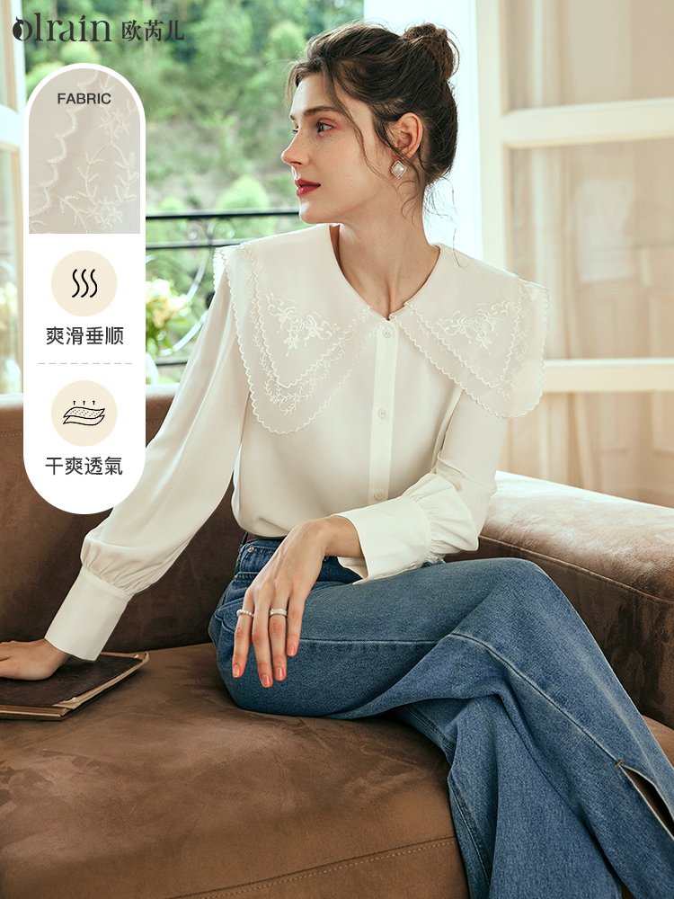 爽滑不易皱！设计感白色刺绣衬衫