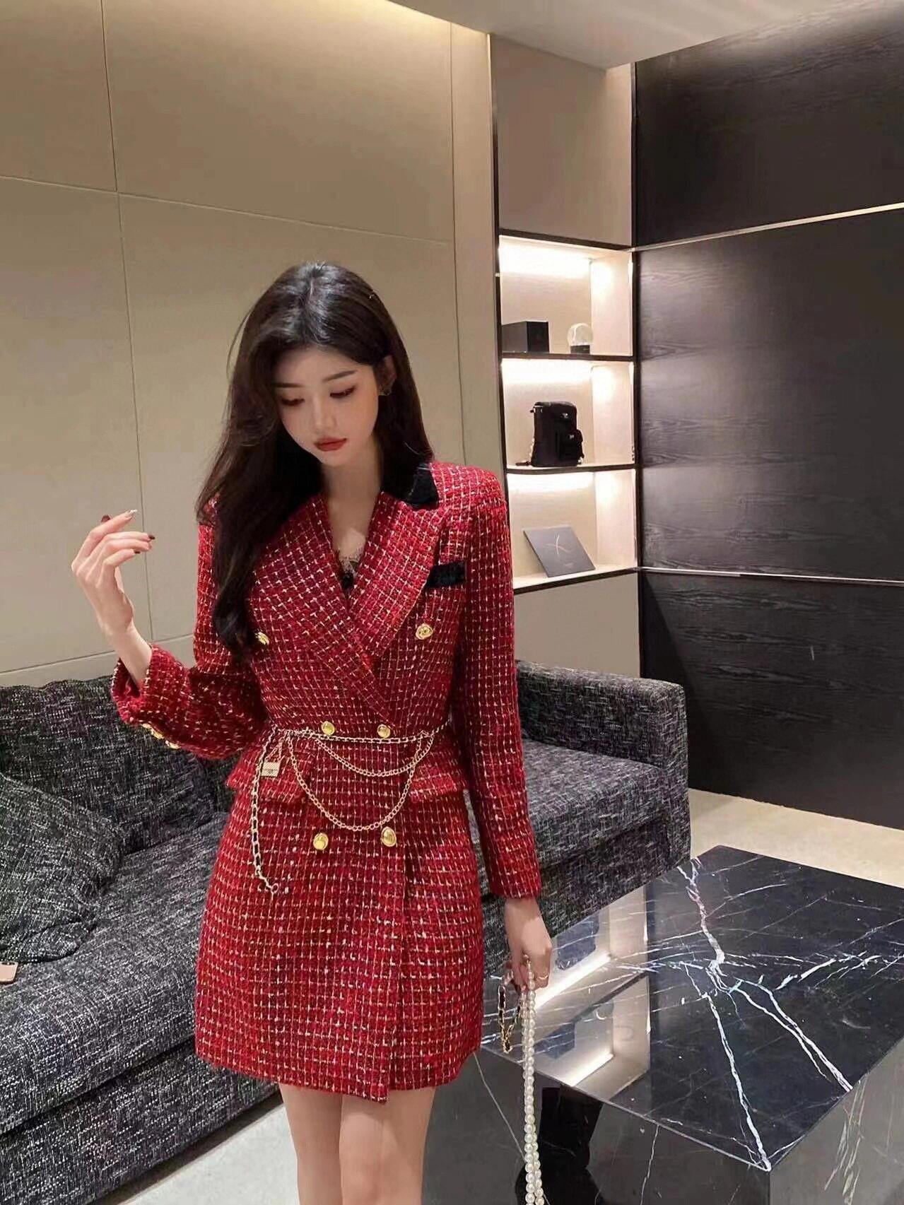 小香风西装外套女秋冬订婚红色连衣裙
