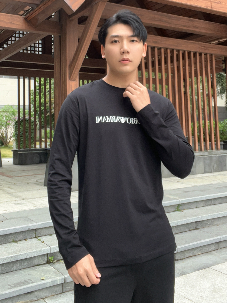 阿玛尼男士全棉圆领长袖T恤