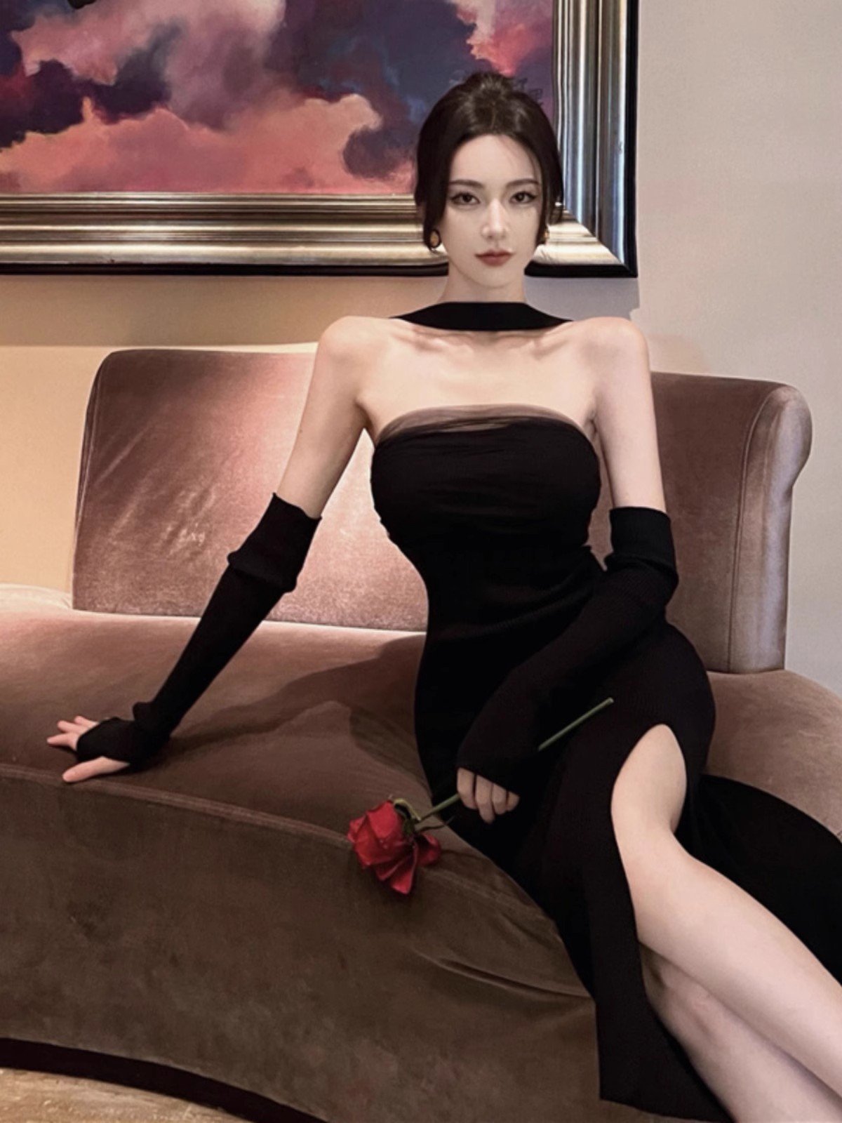 高级感黑色一字肩挂脖抹胸连衣裙女秋冬修身