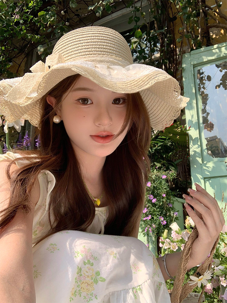 夏季法式甜美蝴蝶结蕾丝草帽！
