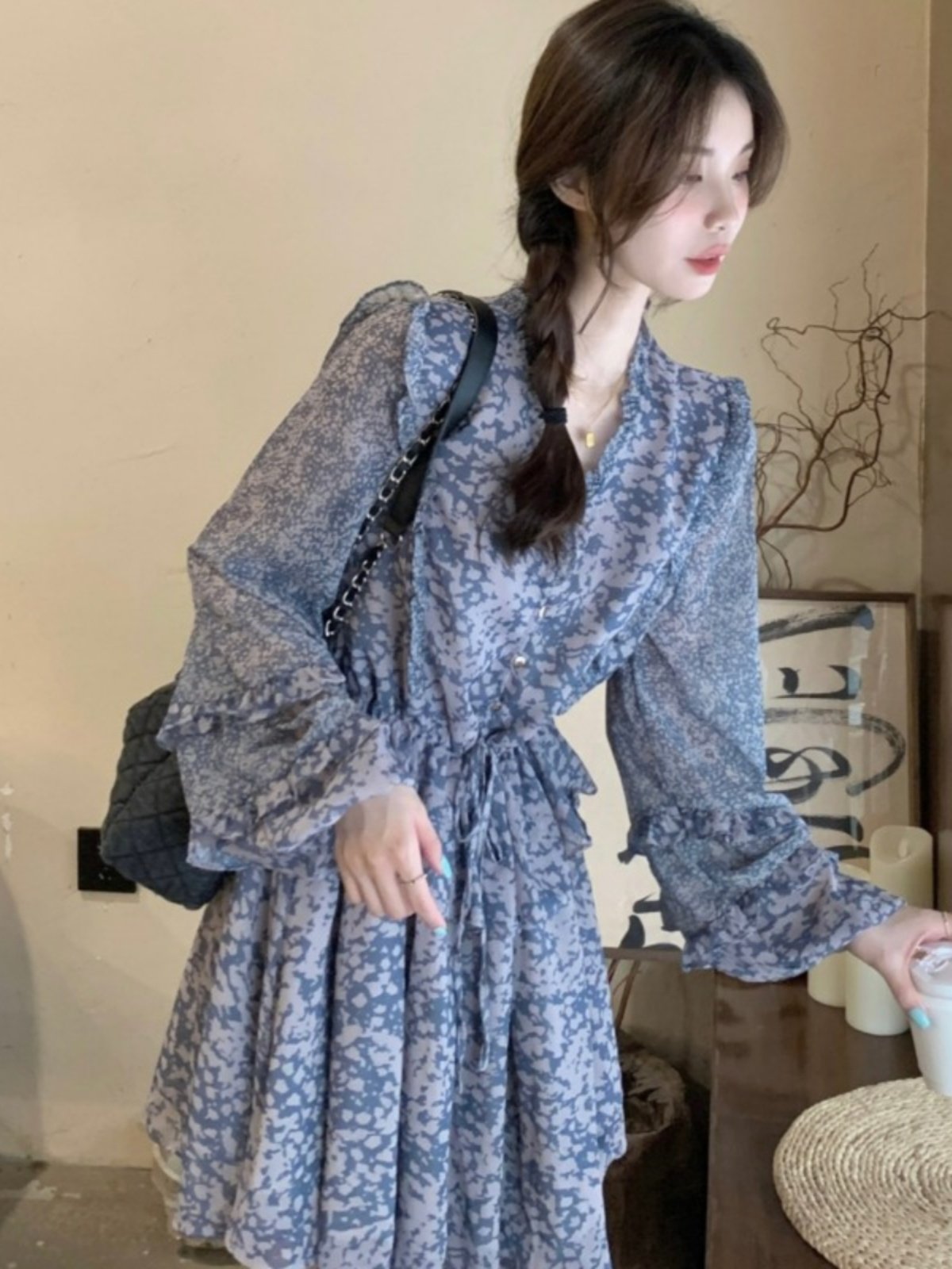 法式温柔风碎花长袖连衣裙女