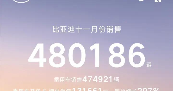 1-11月累计销量413万台！比亚迪年销460万台，稳了？