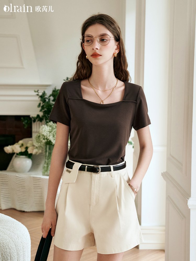 正肩设计感简约方领短袖T恤