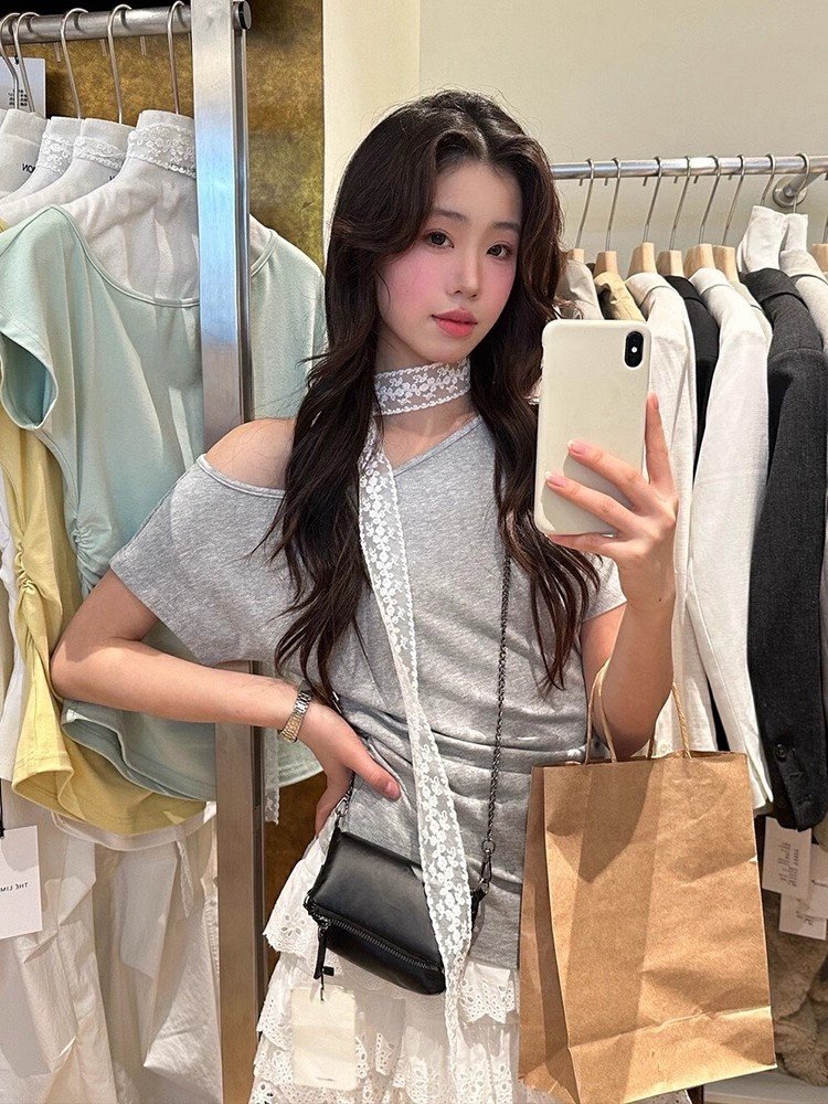 韩系灰色斜肩型短袖t恤女夏季小个子修身收