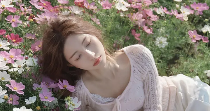 有风吹过花田人像