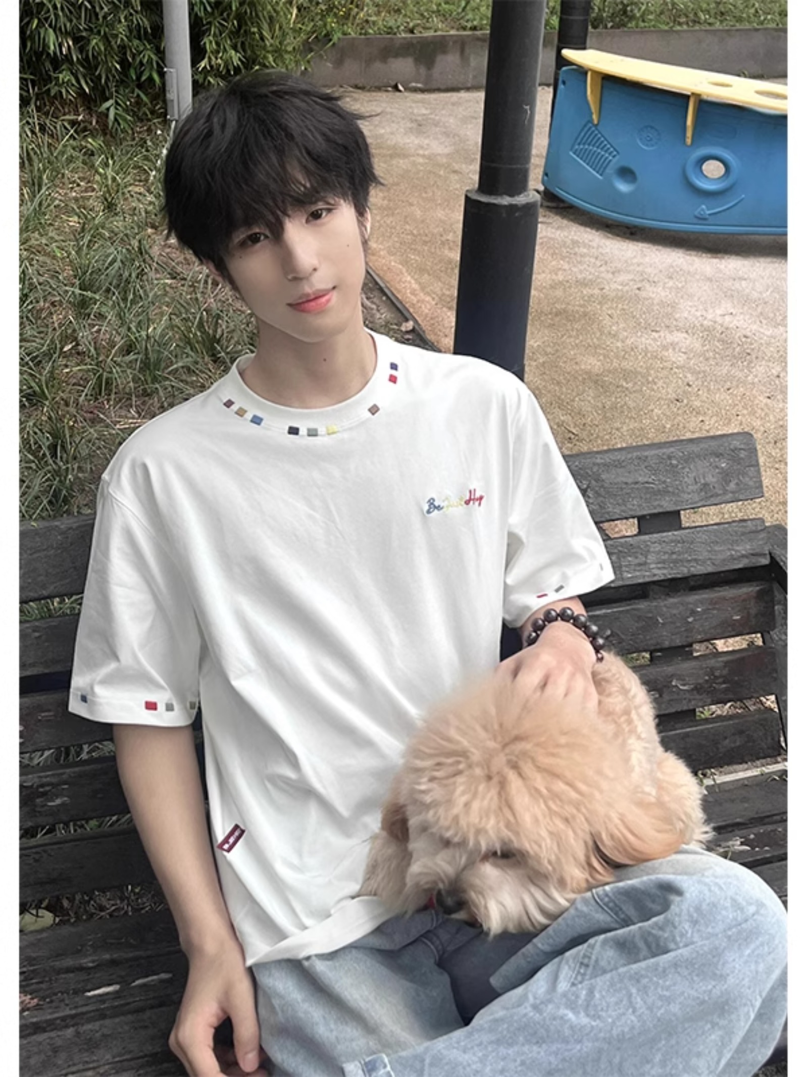 白色彩虹刺绣短袖男cleanfit夏季少